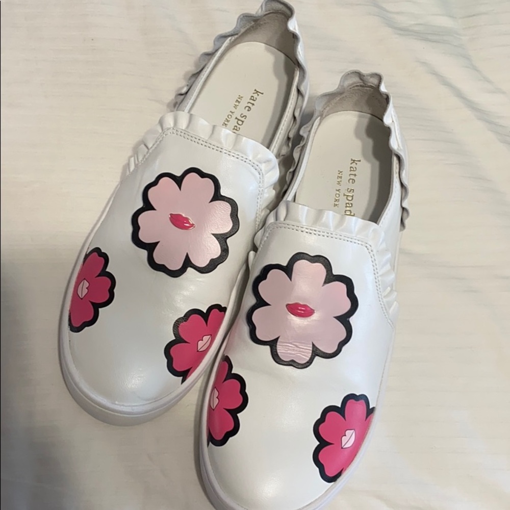 kate spade White Floral Slip-On Flats with Pink Accents